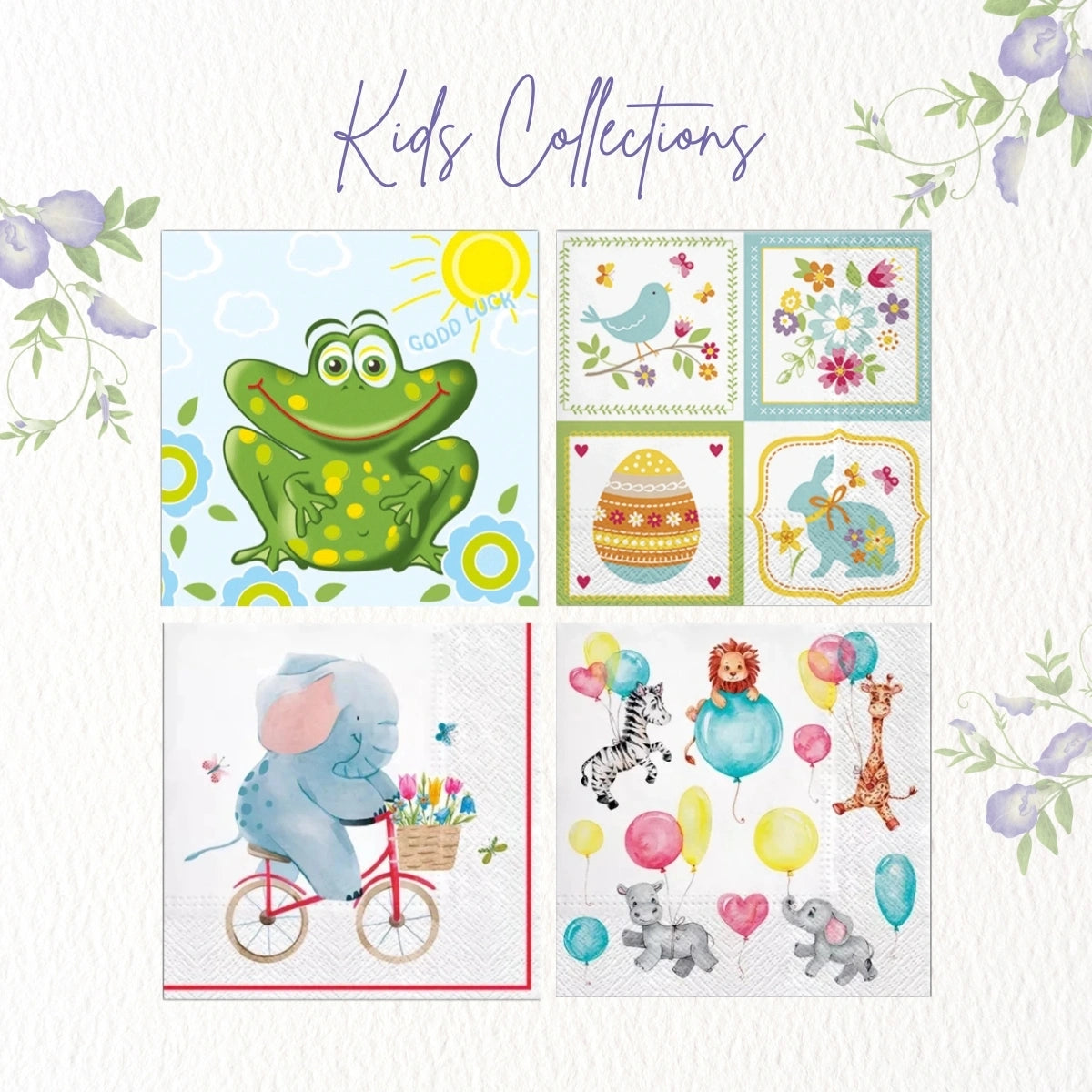 Kids ~ A Set of 4 Paper Napkin Packs (20 in each, 6.5" x 6.5" folded)